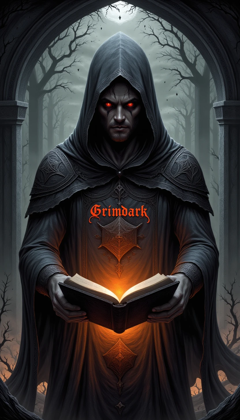 p1nkgr1md4rk, grimdark, eerie, horror, text: ("Grimdark":1.5), A twisted, hooded figure standing before an ancient, glowing tome bound in black leather,performing a dark ritual amidst a halo of eerie energy,  text: "Grimdark" written in red ink, 