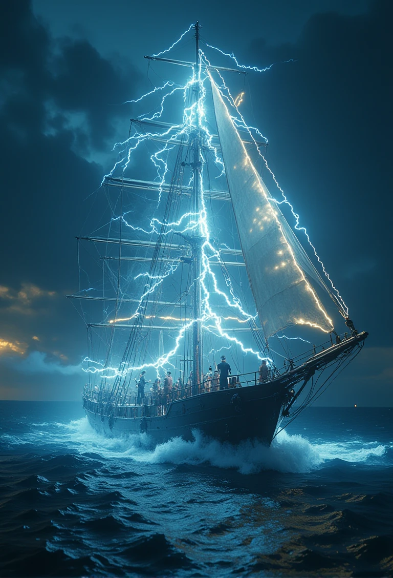 gholstlightning,a ghost sailing ship on ocean,electricity,