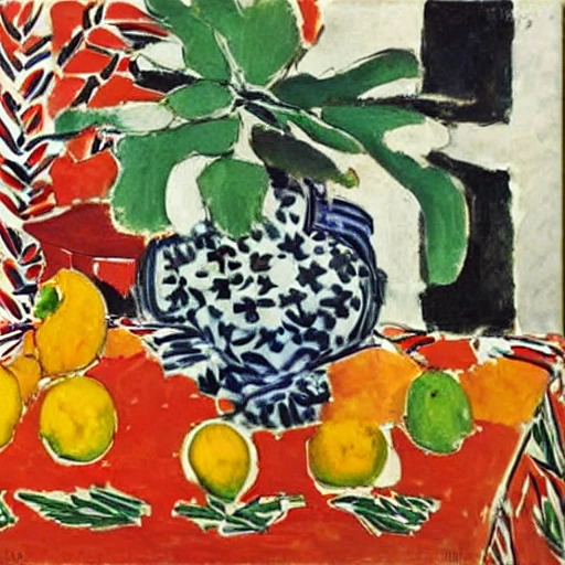 <lora:Matisse-10:1>, Matisse, A still life arrangement of fruits and flowers on a patterned tablecloth.