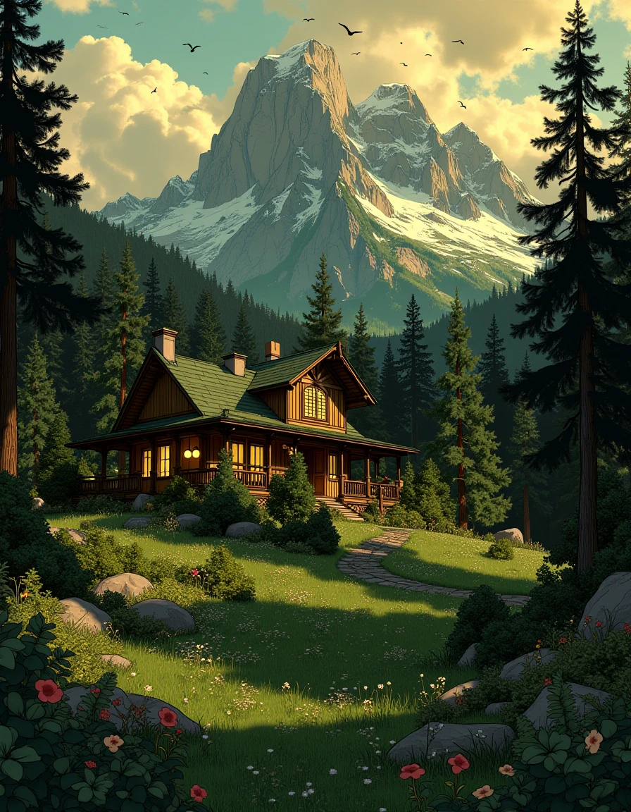 d13s3lp2nk   a house in the middle of a lush green forest with mountains in the background. The house is surrounded by trees, plants, flowers, and grass, and there are street lights illuminating the area. The sky is filled with clouds and birds flying in the air.
  <lora:dieselpunk-delight:0.9>