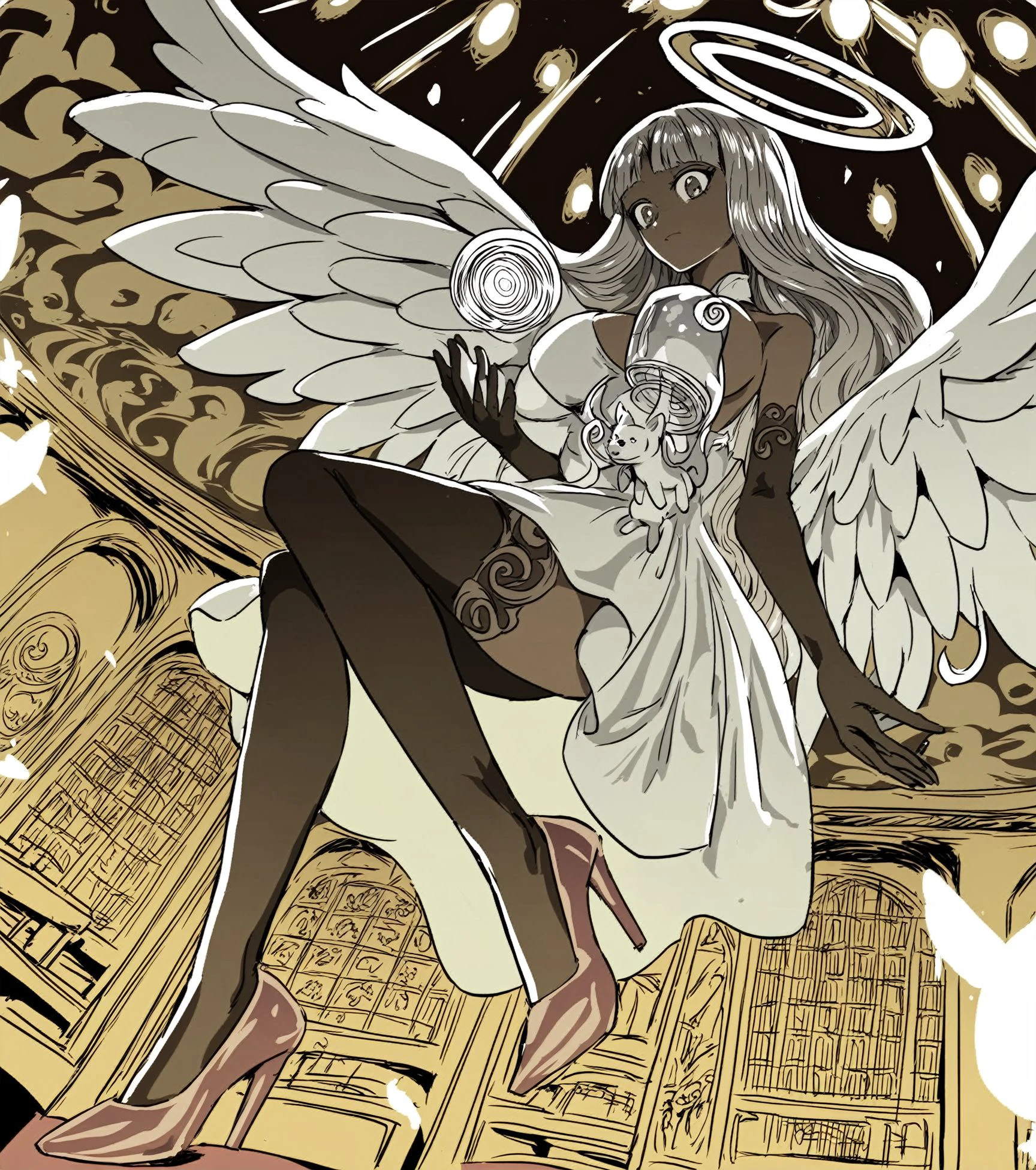 <lora:mrkurz_pony_v4:1> art style by mrkurz,
monochrome ,greyscale,spot color,
(seraphic angel with feathered wings and an angel halo) young woman, busty build, long hazel hime cut hair, black american, dark skin, light brown eyes,  wearing a ethereal veil floating on unseen breezes, ethereal lavender  dress with intricate embroidery, celestial stockings, pink heels, holding a shimmering crystal orb emitting soft light, set in divine temple, Celestial Library, Grand hall with towering shelves filled with ancient tomes, cozy reading nooks with plush cushions, a majestic chandelier illuminating the space, ornamental globes, a tranquil fountain in the center , at night, score_9, score_6_up, score_7_up