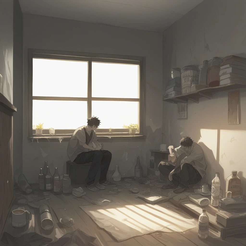 score_9, score_8_up, score_7_up, score_6_up, score_5_up, score_4_up, zPDXL2,source_anime,rating_questionable,   1boy,  <lora:Messy_Room:0.8> m3ss, indoors, messy room, cup, bottle, window,mess