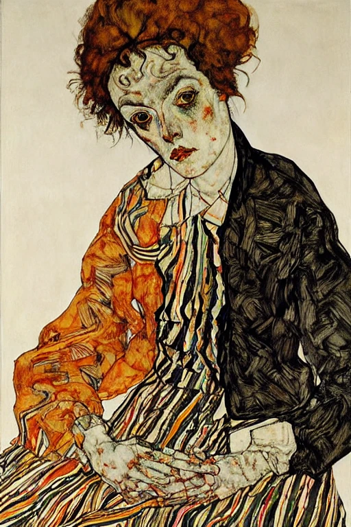 <lora:Schiele-10:1>, Schiele, A portrait of a woman in a colorful dress, with expressive eyes and intricate patterns.