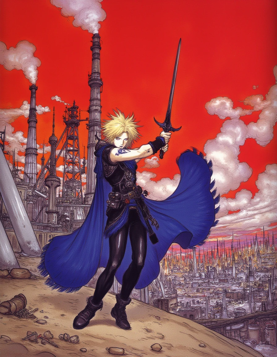 In a highly detailed traditional illustration reminiscent of Yoshitaka Amano's enchanting style, Cloud Strife, with his spiky, sun-kissed blond hair and piercing blue eyes that hold a steely determination, swings his iconic Buster Sword in a dynamic and exhilarating action shot. He wears a form-fitting, armored vest that glistens under the ambient light, showcasing the intricate designs that evoke a sense of both strength and elegance. The swirling fabric of his tattered, dark blue cape dances dramatically behind him, adding to the sense of motion.

The backdrop unfolds in the sprawling, industrial landscape of Midgar, where towering steel structures and colossal smokestacks loom ominously against a crimson sky, infused with hues of orange and purple as the sun begins to set. Wisps of smoke billow upward, merging with the ethereal clouds that swirl above like a surreal painting. The ground beneath his feet is littered with debris, hinting at the chaos that has unfolded in this gritty, urban setting.

Amano's trademark Art Nouveau elements are woven throughout the scene, from the fluid, organic lines that define Cloud's sword as it cleaves through the air to the abstract shapes of the distant skyscrapers, which appear to dance in a fantastical rhythm. The overall tone is both dreamlike and exhilarating, inviting the viewer to immerse themselves in this surreal moment frozen in time where heroism and beauty intertwine. The atmosphere crackles with energy, as if the very air vibrates with the promise of battle and the dreams of a better world.