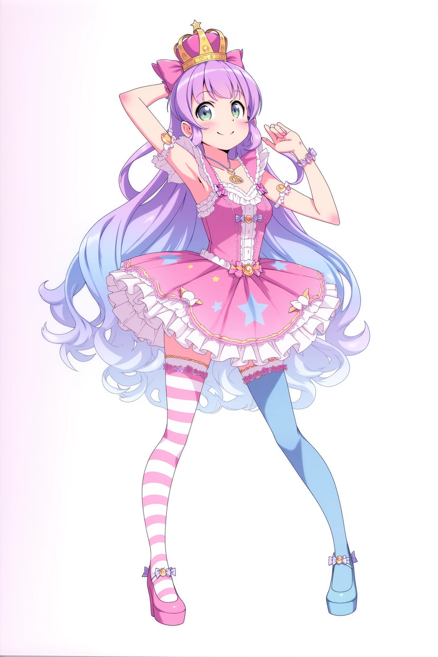 1girl,virtual youtuber,solo,jewelry,heterochromia,thighhighs,crown,single hair ring,smile,bracelet,pink hair,hair ornament,food-themed hair ornament,long hair,candy hair ornament,striped,asymmetrical legwear,multicolored hair,full body,mismatched legwear,gradient hair,dress,hair rings,high heels,green eyes,vertical-striped thighhighs,crescent,purple eyes,vertical stripes,looking at viewer,short sleeves,breasts,standing,puffy short sleeves,puffy sleeves,striped thighhighs,bangs,mini crown,pink dress,zettai ryouiki,gradient,shoes,skirt,closed mouth,bow,detached collar,gradient legwear,purple hair,blue thighhighs,princess,crescent earrings,star print,wavy hair,medium breasts,blue hair,one side up,blush,frills,star (symbol),
<lora:Kanzaki Hiro_FLUX:1>,