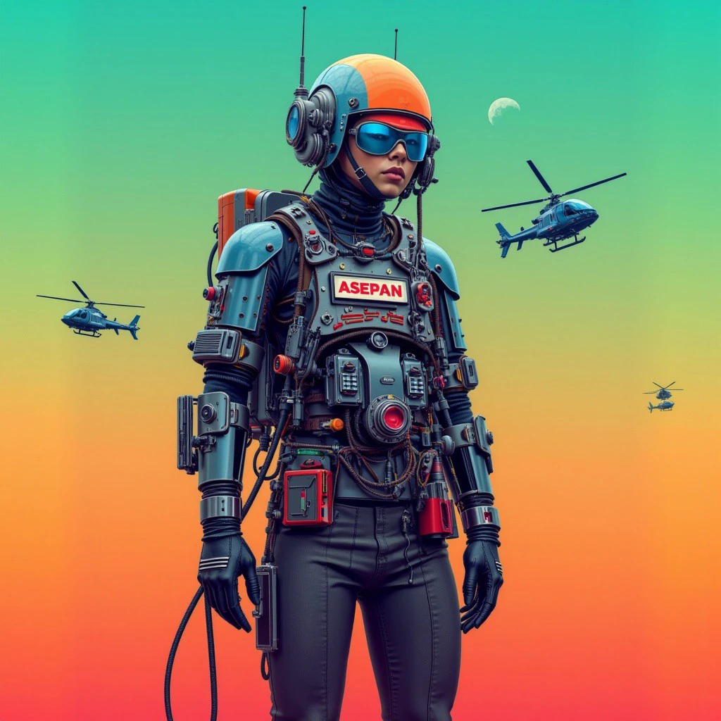 cybersociety style, A person stands against a gradient background, adorned with an intricate assembly of mechanical parts and gadgets. They wear a helmet with antennae, goggles, and a chest plate labeled "ASEPAN." The attire includes utility belts and pouches, with various tools and devices attached. In the backdrop, three helicopters hover in the sky above a crescent moon., mechanical, person, orange, helmet, goggles, blue, red, green, background, sky, aircraft