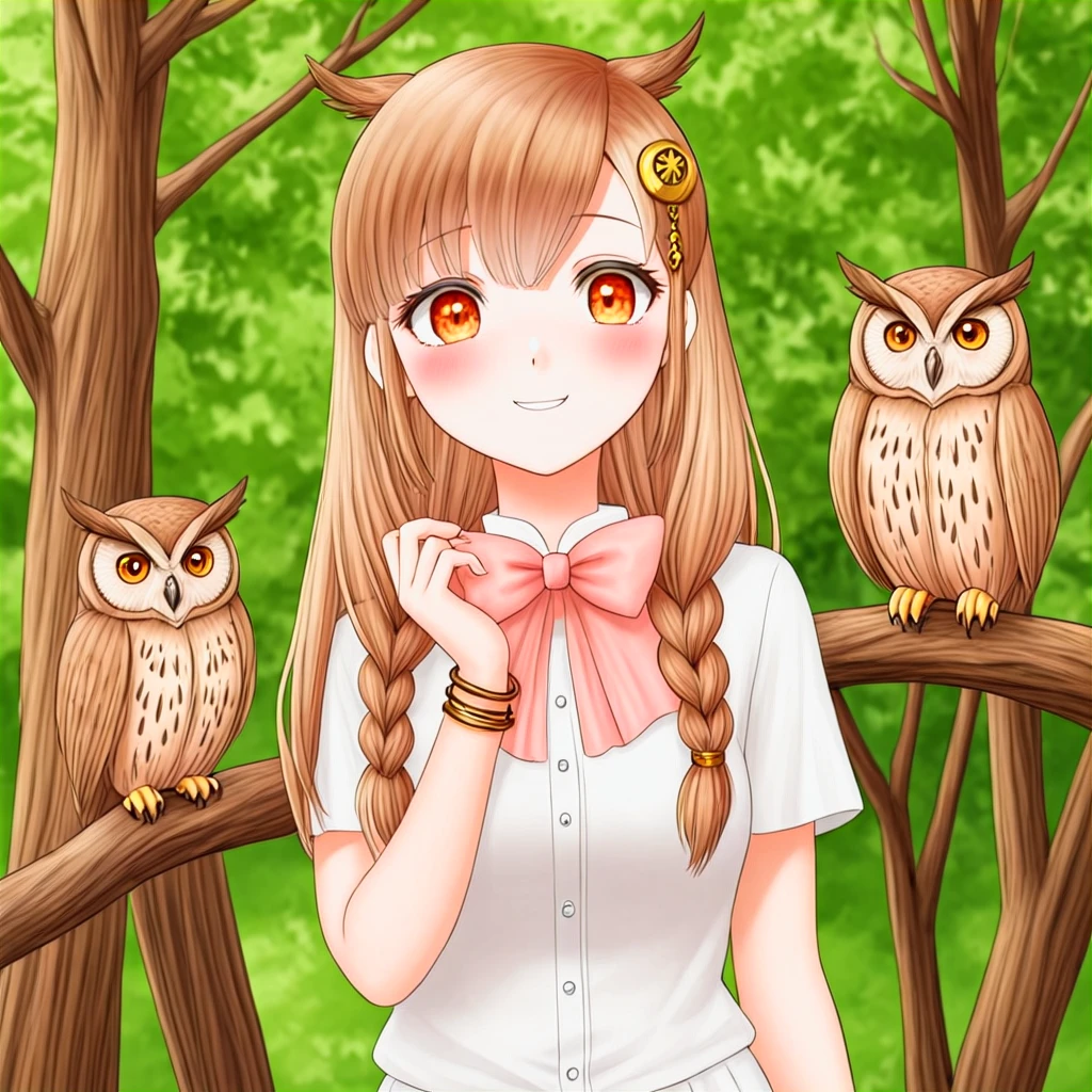 yuni, solo, bangle, blush, bow, bracelet, braid, brown hair, hair ornament, jewelry, crescent hair ornament, long hair, open mouth, smile, solo, virtual youtuber, owl ears,
outdoors, nature, trees, owls,
<lora:YUNI-XL-t1:0.6>