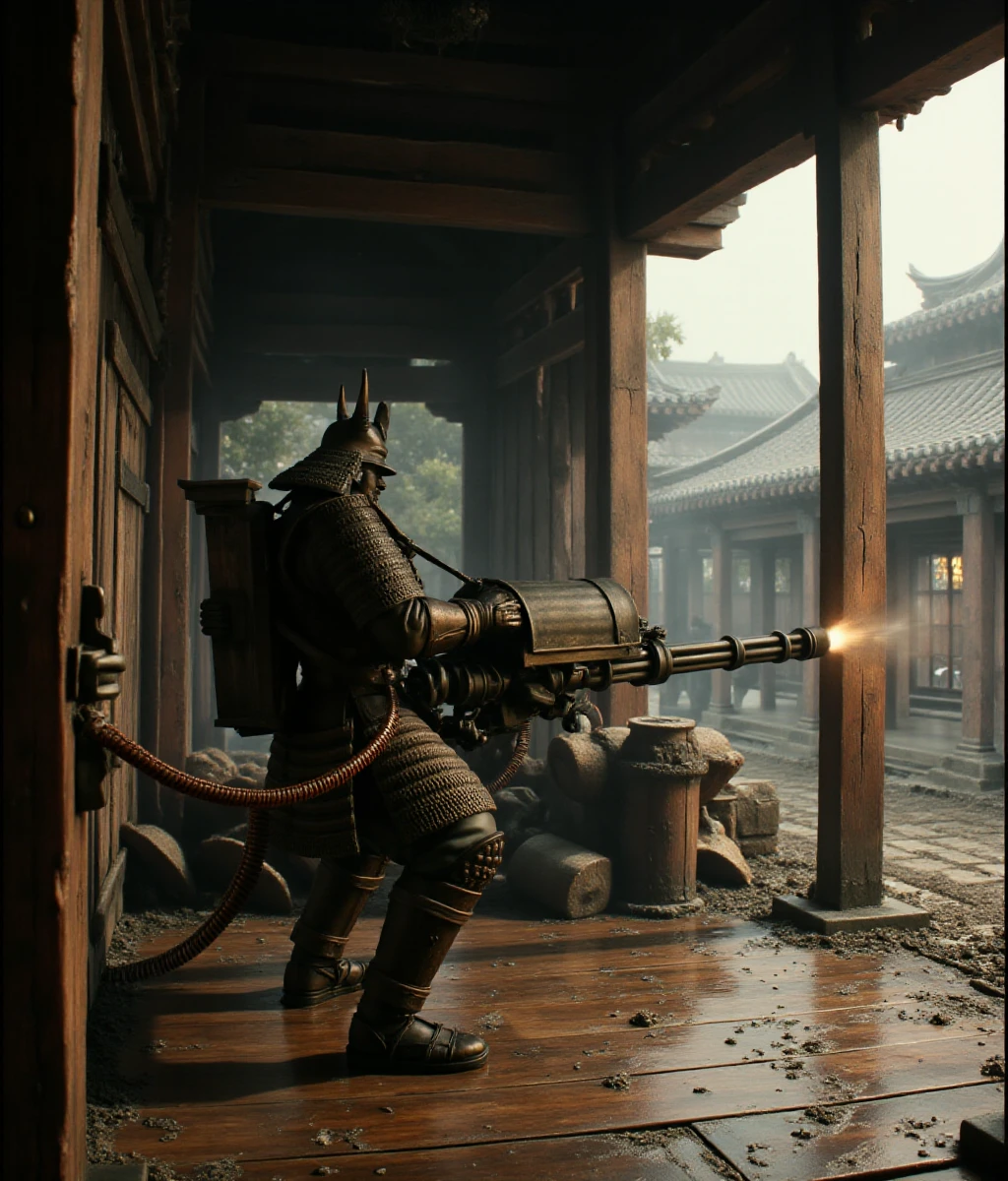 a photo of a Samurai shooting a gatling gun in a chinese temple  <lora:Samurai:0.9>