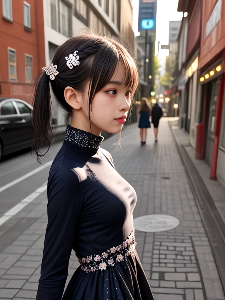 ((score_9, realistic)), ((fair skin)), ((skinny)), a pretty woman, kpop, jpop, idol, top model, medium breasts, high neck, multicolord dress, sleeves dress, hair ornament, street, brick sidewalk, sunset, from side, <lora:ColoredContactLenses_pony:0.5>,