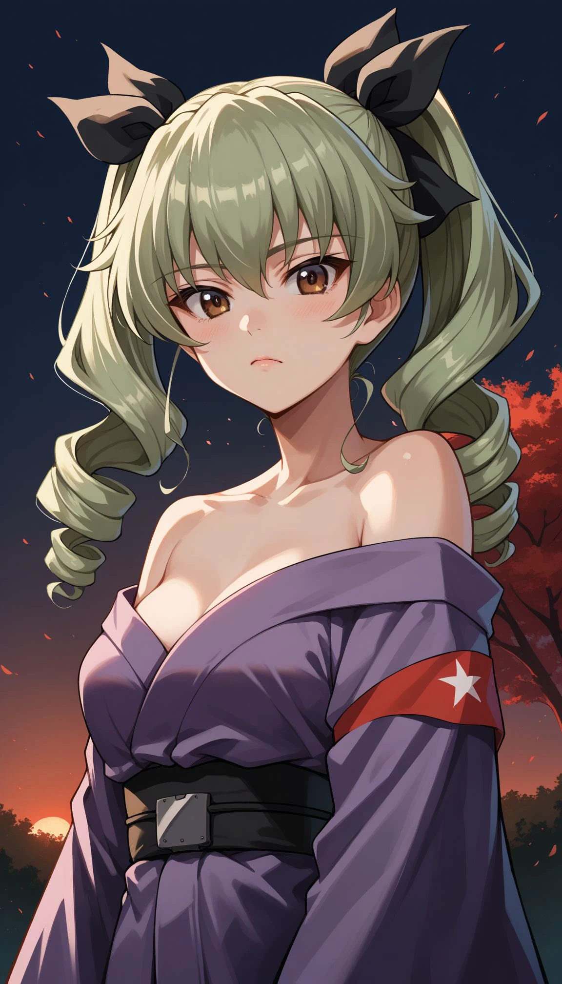 score_9, score_8_up, score_7_up, source_anime, 
<lora:Anchovy:0.8>,, anchovy (girls und panzer),green hair, long hair, twin drills, bangs, hair ribbon,  japanese clothes, purple kimono, off shoulder, bare shoulders, firework