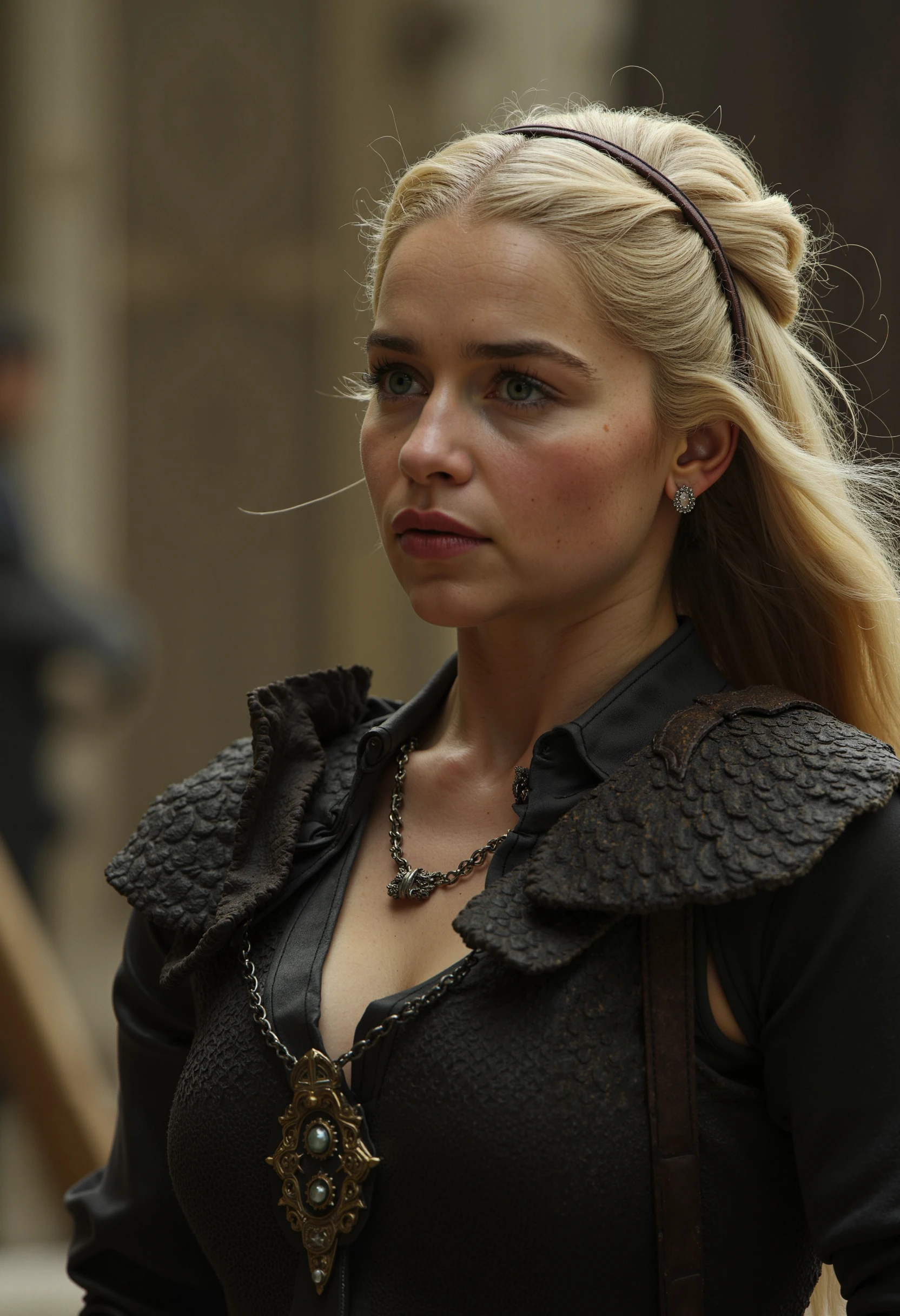 
A close-up portrait of a blonde woman emiliaclarke riding a dragon in a medieval setting
