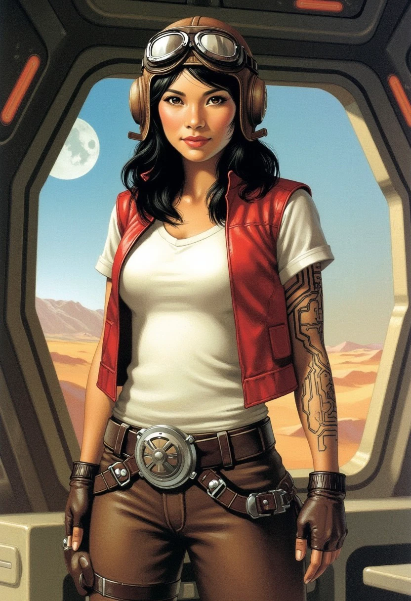 Frank Frazetta fantasy oil painting portrait of young Asian woman wearing white t-shirt with red vest, aviator helmet with goggles, leather pants and belt, medium length black hair, circuitry lines tattooed on one of her arms , background is on a space station with a window in background overlooking an alien moon