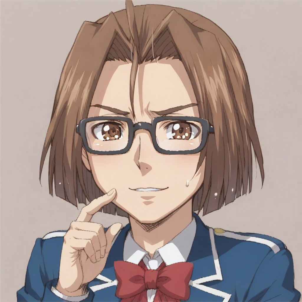 score_9, score_8, score_7, BREAK, solo, 1boy,  tenpei_hayano, brown hair, brown eyes, glasses, bow, school uniform