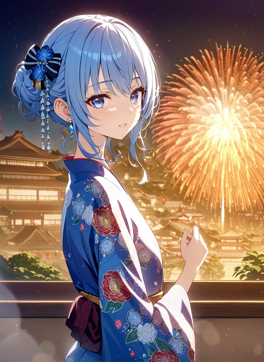 <lora:Hochimochi:1> hoshimachi_suisei, 1girl  , firework , japan temple background,  kimono , new_year_costume_2020, cute , masterpiece, best quality, 1girl, solo, cinematic, soft lighting, shine skin , light skin , 8k, ,best quality ,masterpiece, illustration, an extremely delicate and beautiful, extremely detailed ,CG ,unity ,8k wallpaper, Amazing, finely detail, masterpiece,best quality,official art,extremely detailed CG unity 8k wallpaper,absurdres, incredibly absurdres, huge filesize , ultra-detailed, highres, extremely detailed,beautiful detailed girl, extremely detailed eyes and face, beautiful detailed eyes,light on face,1girl