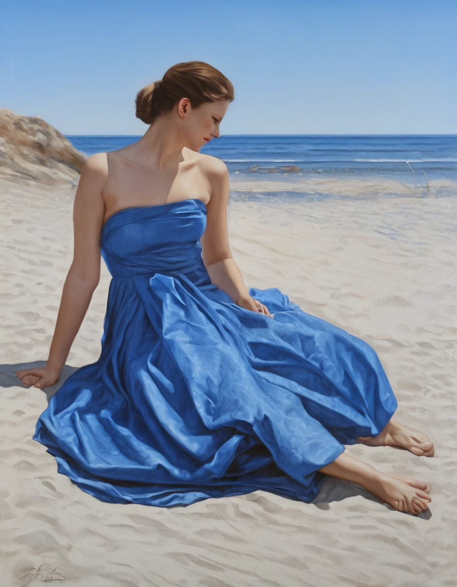 1girl, beautiful, nude woman sitting on a beach, blue cloth, Realism, Academic Art, Classical