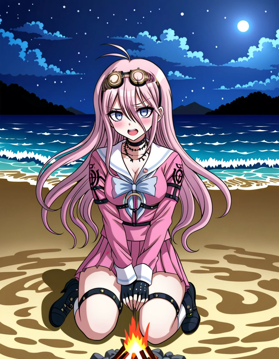 detailed background, solo, <lora:Miu_Iruma_SDXL:1>, This anime screencap is from Danganronpa the Animation. ,  .    Miu Iruma wearing her uniform from Danganronpa V3. Miu Iruma has waist-length strawberry blonde hair that flows in waves around her back, with two short locks of hair sticking up at the top of her head, sweeping to her right. Her bangs are long and wispy, swept somewhat to her left. She has ice-blue eyes. Her head accessories consist of a pair of brown goggles with gold accents. Miu wears a modified, long-sleeved, dark pink seifuku uniform with a white sailor collar and sleeve cuffs, both striped with a single faded pale blue line, a faded pale blue bow tied at her collar. Her chest cover is noticeably missing, her cleavage exposed. A crest can be found in black printed at the shoulders of her sleeves. She wears a short, dark pink pleated skirt the same color as her uniform, vertically striped off-white knee-high socks, and black heeled boots accented with gold buckles, studs, and buttons. Her accessories include a black choker, two rubber collars that resemble barbed wire, black fingerless gloves studded with silver, a pin of the mouse mascot from Niko Niko Happy on her collar, black straps connected with gold studs wrapping her left upper arm, and black straps studded with gold linked with gold rings around her torso and legs. Her long black boots reach nearly up to her knees. Miu Iruma is within The setting is Danganronpa S's beach at night. There is a large campfire on a sandy beach with the ocean in the background. The sky is dark blue with clouds and it's' nighttime. The lighting is warm from the campfire but everything else is mostly dark due to the nighttime scene. Miu Iruma interacts with the environment.