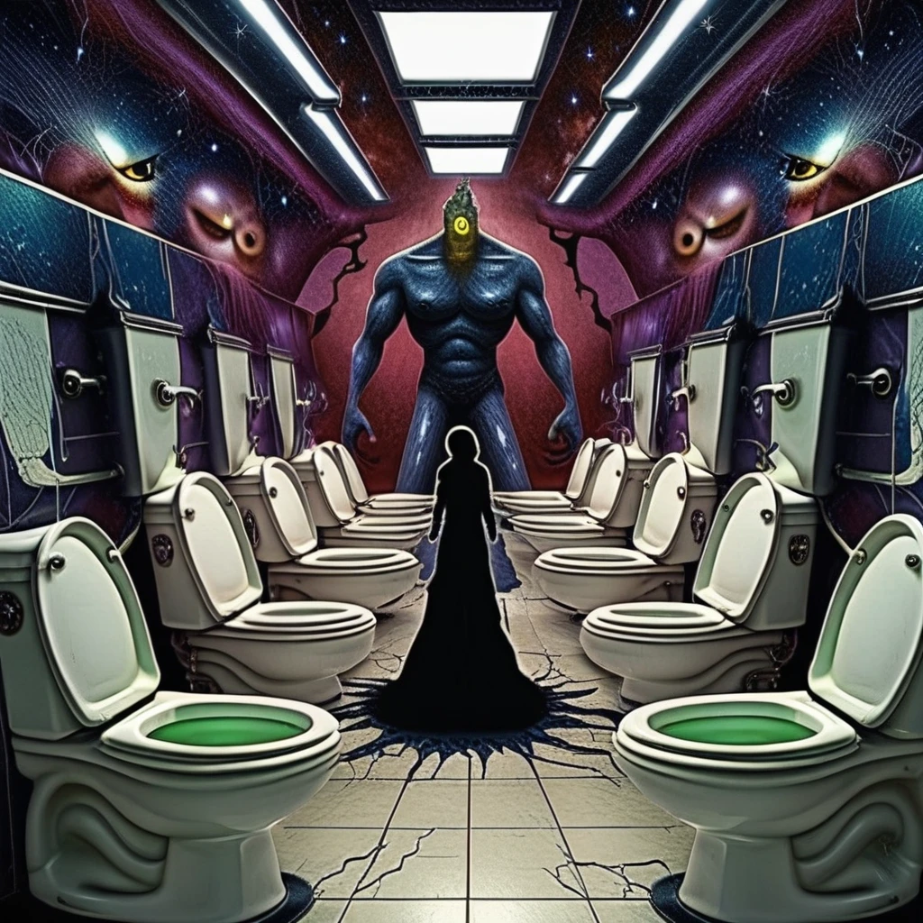 grainy photograph, lunar surface, cosmic horror, public toilets setting, many public toilets, long line of toilets, sinks, mirrors, moonrock, creepy silhouettes, 1boy, muscular, inhuman, terrible evil silhouetted creature