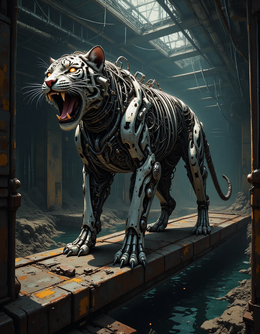 A mechanical tiger, its body intricately modified with metal components and intricate gears, replacing flesh with gleaming metallic structures. The composition of this picture is symmetrical, emphasizing the balance between organic and synthetic elements, and its perspective structure is close-up to highlight the detailed textures and contrasts between smooth metal and rugged natural forms.

The scene takes place in a dystopian industrial landscape where nature and technology merge in an eerie harmony. This mechanical beast roars with defiance as it stands on a dilapidated bridge overlooking a polluted river, symbolizing resistance against the encroachment of artificiality into the natural world.

Details include intricate joints where muscle and steel meet seamlessly, giving off a cold yet mesmerizing glow that contrasts sharply with the dim surroundings. The tiger's eyes emit an ethereal light from beneath its metallic mask, reflecting inner turmoil and resilience amidst desolation.

The color palette is dominated by shades of gray, rusted metal tones, and deep blues for the murky water below, creating a stark visual impact. Shadows cast long, eerie patterns on the ground, enhancing the mood of decay and transformation.

Artistic style references include the cyberpunk aesthetics popularized in films like "Blade Runner" and the intricate machinery reminiscent of Hayao Miyazaki's "Howl's Moving Castle." The painting techniques aim for a hyper-realistic yet slightly exaggerated texture to accentuate both smooth metallic surfaces and rough organic remnants, evoking an emotional response through stark contrasts.

This composition not only captures the physical transformation but also conveys the psychological struggle and profound conflict between natural instincts and technological domination.