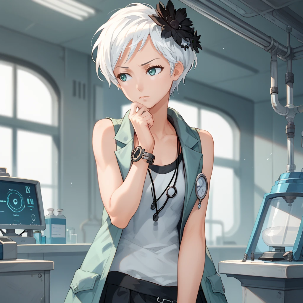 score_9, score_8_up, score_7_up, 1girl, solo, uncensored, nonaryphi, serious, looking away, thinking, hand on own chin, short white hair, black hair flower, light blue vest, white shirt, sleeveless, black skirt, necklace, black wristwatch, indoors, laboratory, escape room, <lora:NonaryPhiTrainingXL_v1.0:1>