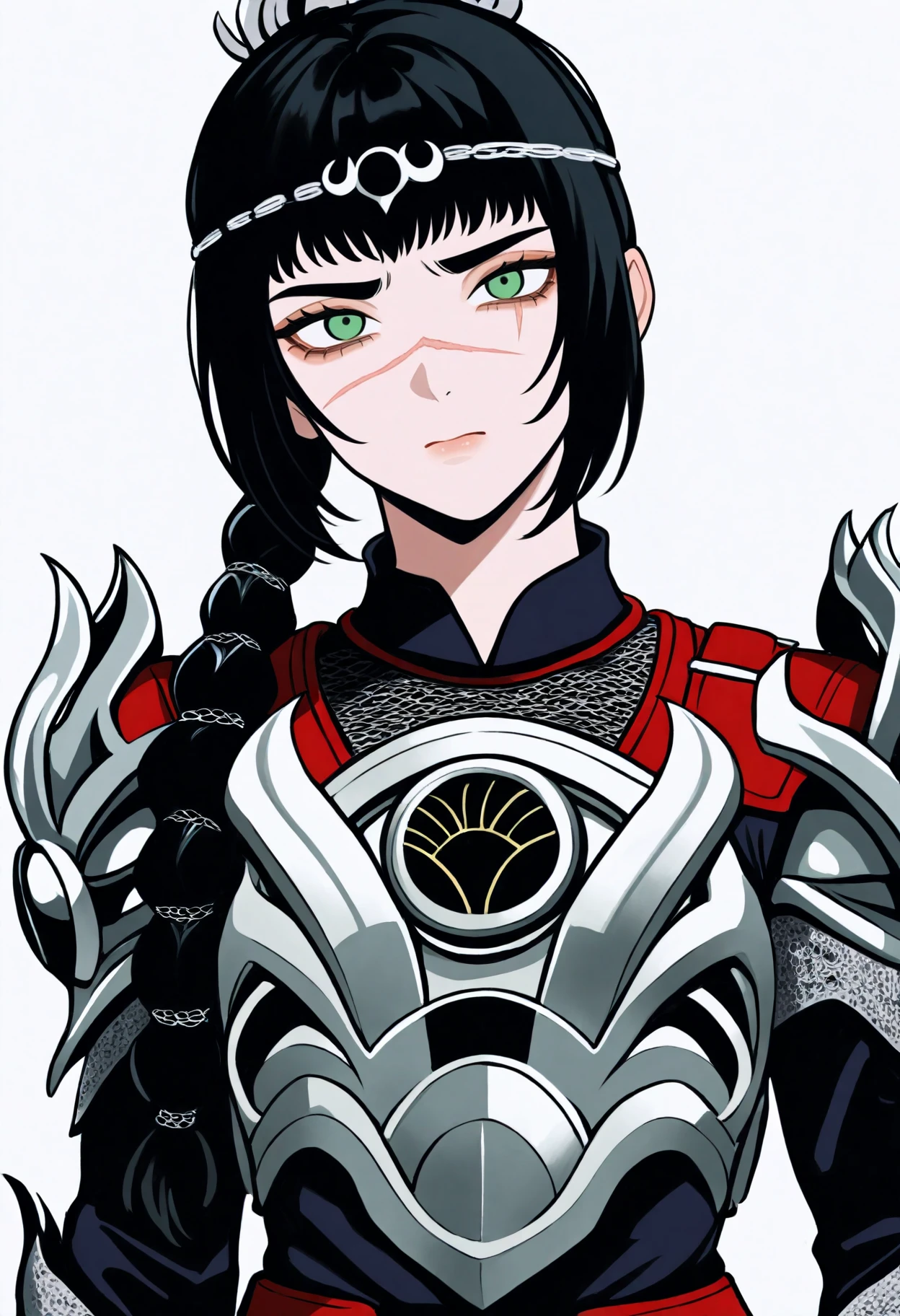 best quality, amazing quality, very aesthetic, absurdres,
1girl, solo, shadowheart, black hair, braided ponytail, green eyes, scar on face, circlet, armor,
 looking at viewer, upper body, simple background, white background    <lora:ShadowHeartIllustrious_byKonan:1>