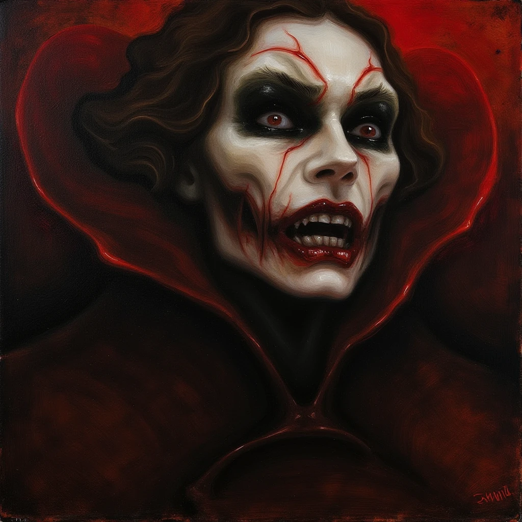 Beautiful female Vampire after feeding, crouching protectively over her kill. Snarling viciously. Fangs dripping. Epic Fantasy Art. Beautiful. Terrifying. Abstract Painting. Masterpiece of Gothic Art.