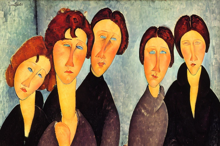 <lora:Modigliani-10:1>, Modigliani, A group portrait of friends enjoying a sunny day in the park.