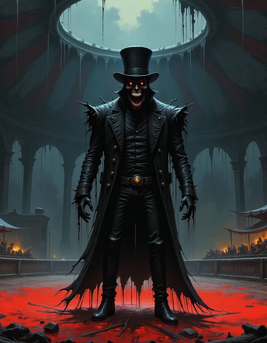 h0rr0rsh0w A sinister circus ringmaster standing in the center of a dark, empty circus ring. The ringmaster has a malevolent grin, sharp features, and wears a tattered costume with a top hat. The circus tent is dimly lit, with shadows cast by flickering lanterns.
 <lora:horror-show:1.0>