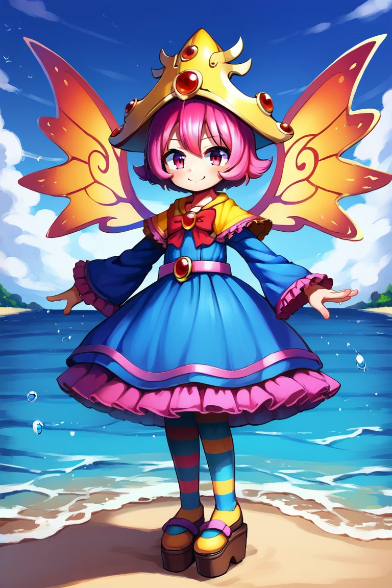 score_9, score_8_up, score_7_up, source anime, BREAK,  
<lora:Sae:0.8> , saebase, saedef, 1girl, pink hair, short hair, pink eyes, asymmetrical wings, wings, hat, yellow capelet, pendant, gem, red gem, red bowtie, dress, blue dress, frilled dress, layered dress, striped, horizontal-striped thighhighs, striped thighhighs, pantyhose, outstretched arms, wide sleeves, long sleeves, frilled sleeves, pink belt, purple ribbons, platform footwear, ((arms at sides)), smile, looking at viewer, full body, solo, BREAK,
outdoors, exterior, day, ocean, overlook, scenery, <lora:backgroundsetXL:0.2> , background,