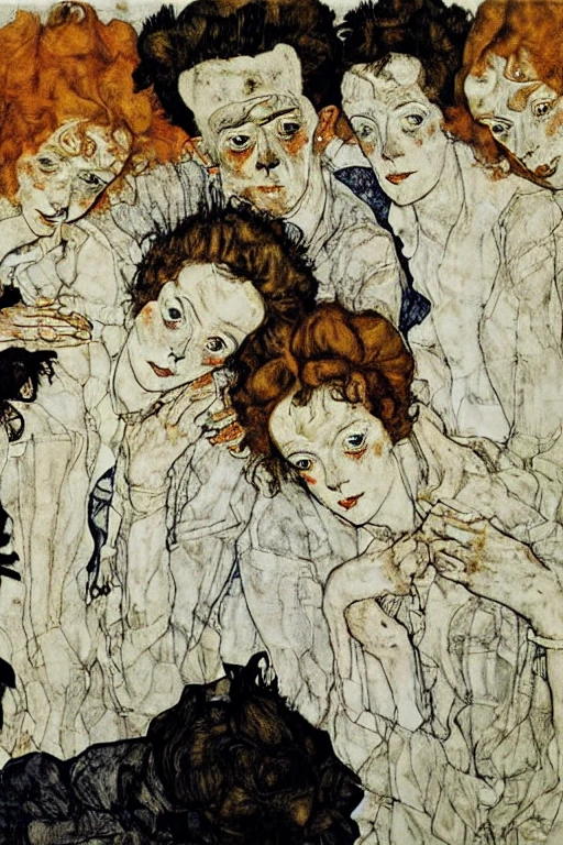 <lora:Schiele-10:1>, Schiele, A group portrait of friends enjoying a sunny day in the park.