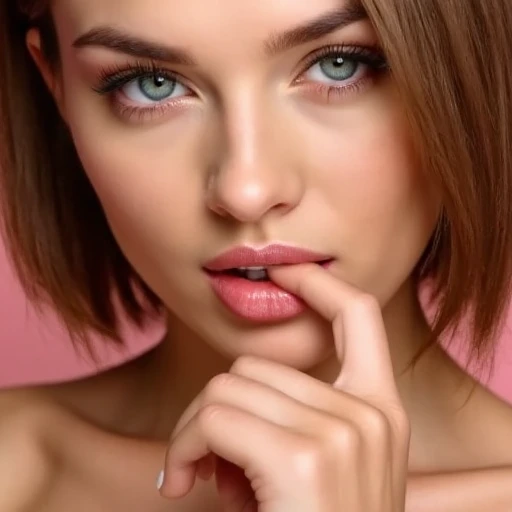 High quality portrait of a gorgeous young woman with prominent surgically enhanced full lips biting finger with a sensual, erotic expression