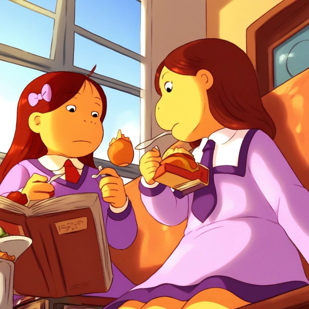 muffy crosswire from arthur, 1girl, food, book, day, window, long sleeves, sitting, hair bow, spoon, brown hair, red hair, bow, from below, necktie