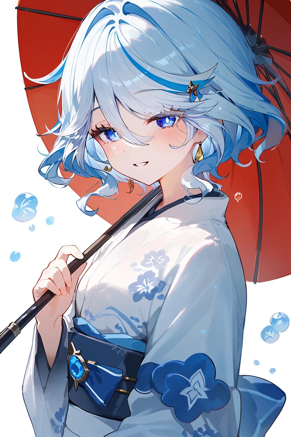 (score_9,score_8_up,score_7_up),<lora:funingna(Genshin Impact)-v1:1>,funingna(Genshin Impact),1girl,umbrella,blue eyes,solo,japanese clothes,kimono,blue hair,looking at viewer,holding,multicolored hair,smile,holding umbrella,oil-paper umbrella,short hair,hair ornament,streaked hair,white hair,bangs,sash,blush,upper body,hair between eyes,white background,earrings,jewelry,white kimono,yukata,obi,good feet,eyes visible through hair,parted lips,anime,NSFW,expressive,very beautiful,ultra hd 32k,masterpiece,