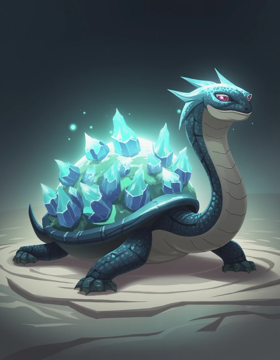 Create a unique fantasy pet companion that resembles a small turtle with crystalline armor and serpentine features. Its shell is made of gleaming, semi-transparent crystals that reflect light in iridescent colors. The creature has a long, sinuous neck and tail, both covered in fine, glass-like scales. Its eyes are sharp and gleaming, and it can curl up into its shell to become an impenetrable crystal orb. When it moves, it leaves a trail of sparkling dust, and its slow but deliberate pace gives it a sense of ancient wisdom. <lora:tw1l1g0dsstyl3v4:1> tw1l1g0dsstyl3