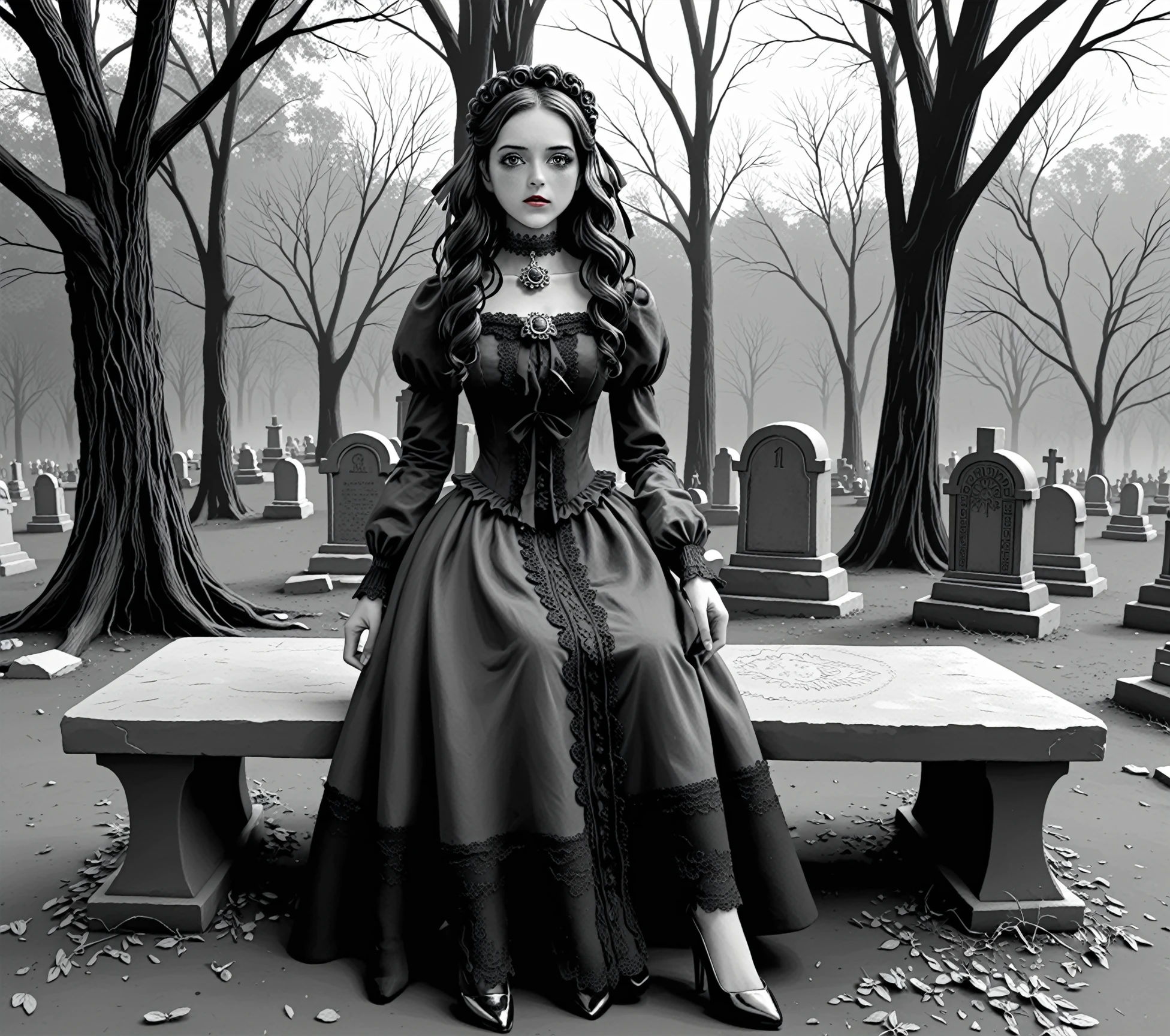 <lora:mrkurz_pony_v4:1> art style by mrkurz,
monochrome ,greyscale,spot color,
(ethereal gothiclolita) young woman, slender build, extra long dark wavy down hair, brazilian, tan skin, brown eyes, wearing a hair ribbons, emerald green Victorian dress with puffed sleeves, lace stockings, Victorian heels, pale skin, dark red lipstick, smoky eyeshadow, black eyeliner, doll-like blush, lace choker, ornate brooch, set in ancient cemetery, Gravesite Cluster, Cluster of moss-covered headstones nestled among gnarled trees, worn stone benches scattered around, wildflowers blooming between graves, a quiet, solemn atmosphere enveloping the area , score_9, score_6_up, score_7_up