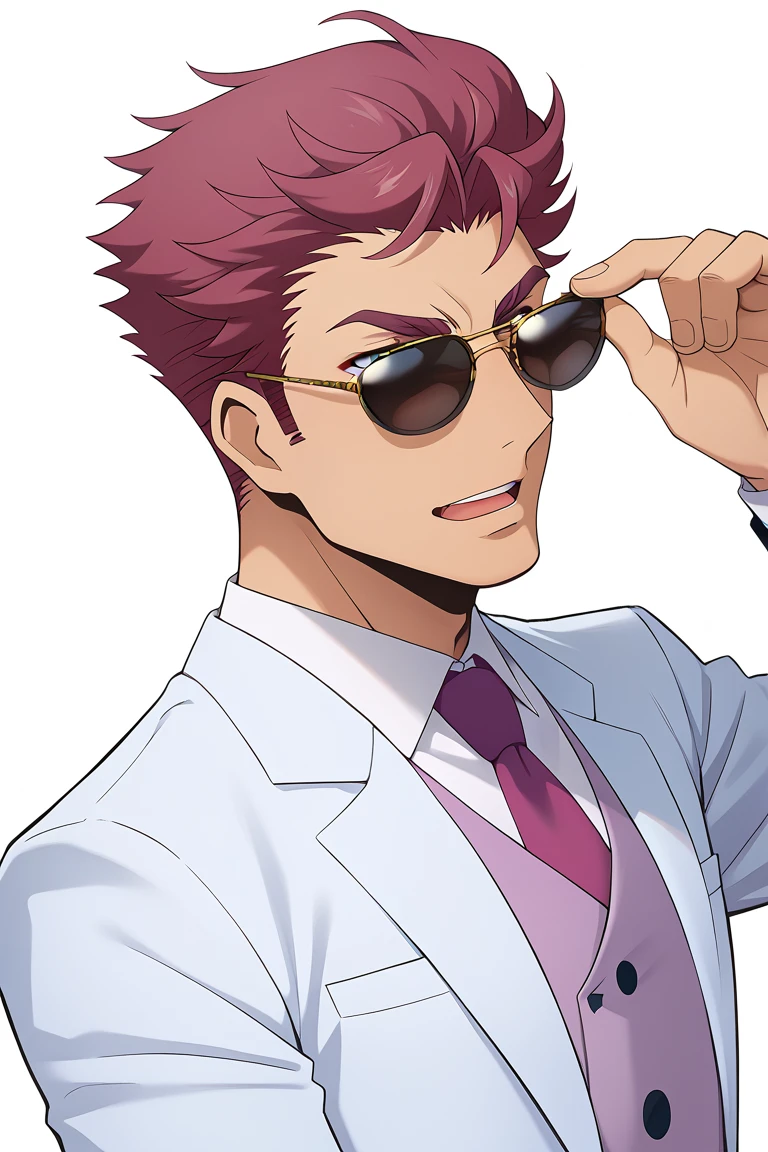 zPDXL2,rating_safe,<lora:Danji_Yu-yu_Tohya:0.9>,danji momoyama,(unworn sunglasses:1.1),1boy,male focus,(holding removed sunglasses:1.1),holding,necktie,solo,collared shirt,shirt,white shirt,upper body,open mouth,formal,white suit,purple waistcoat,purple necktie,