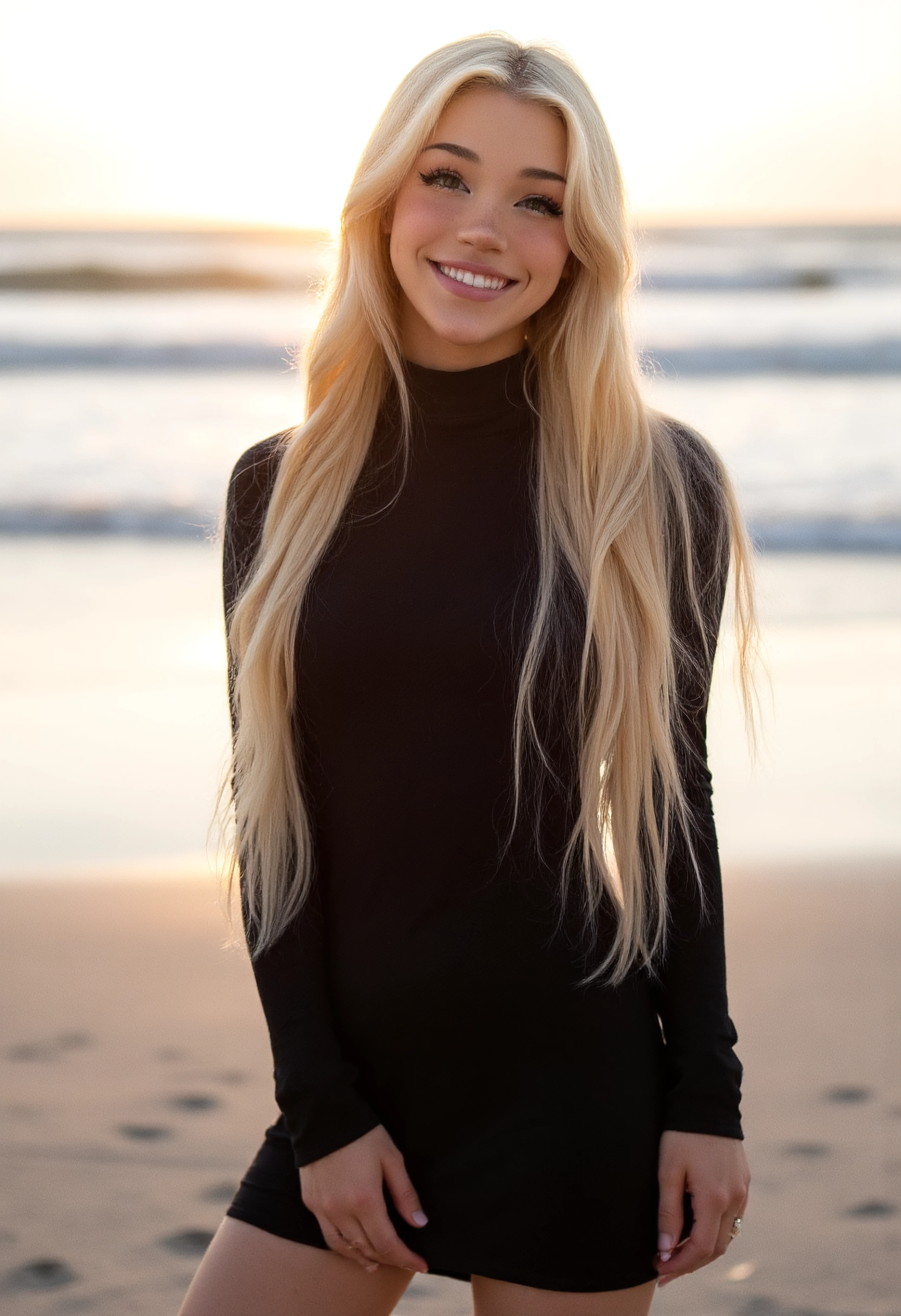 a young woman standing in the center of the frame, directly facing the viewer with a warm smile on her face, her long, blonde hair cascades down her back, styled in loose waves, she is a black turtleneck dress,  in the background, a blurred beach scene unfolds, with soft lighting that creates a serene atmosphere, the woman's body is positioned in a relaxed pose, with her weight evenly distributed on both feet, the overall effect is one of tranquility and natural beauty, inviting the viewer to step into her serene world