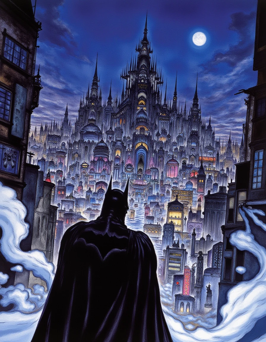 In a mesmerizing and highly detailed traditional illustration by Yoshitaka Amano, Batman stands valiantly at the forefront, his dark cape billowing dramatically in the brisk night air, the fabric glistening faintly as it catches the shimmering moonlight. His piercing eyes, filled with determination and mystery, overlook the sprawling expanse of Gotham City, which looms in the background like a labyrinth of shadows.

The city skyline is punctuated by towering gothic skyscrapers, their intricate architectural designs evoking an Art Nouveau aesthetic, illuminated by the soft glow of flickering neon signs that cast an otherworldly hue across the scene. Faint tendrils of mist snake through the alleyways, wrapping around walls, giving the setting a surreal, dreamlike quality reminiscent of Japanese woodblock prints.

Vibrant interplay of colors, from deep indigos and velvety blacks to shimmering silvers and ethereal pinks that merge seamlessly throughout the canvas. 

Swirling abstract patterns blend into the architecture, reflecting Amano's signature style—a fusion of fine art and manga influences.