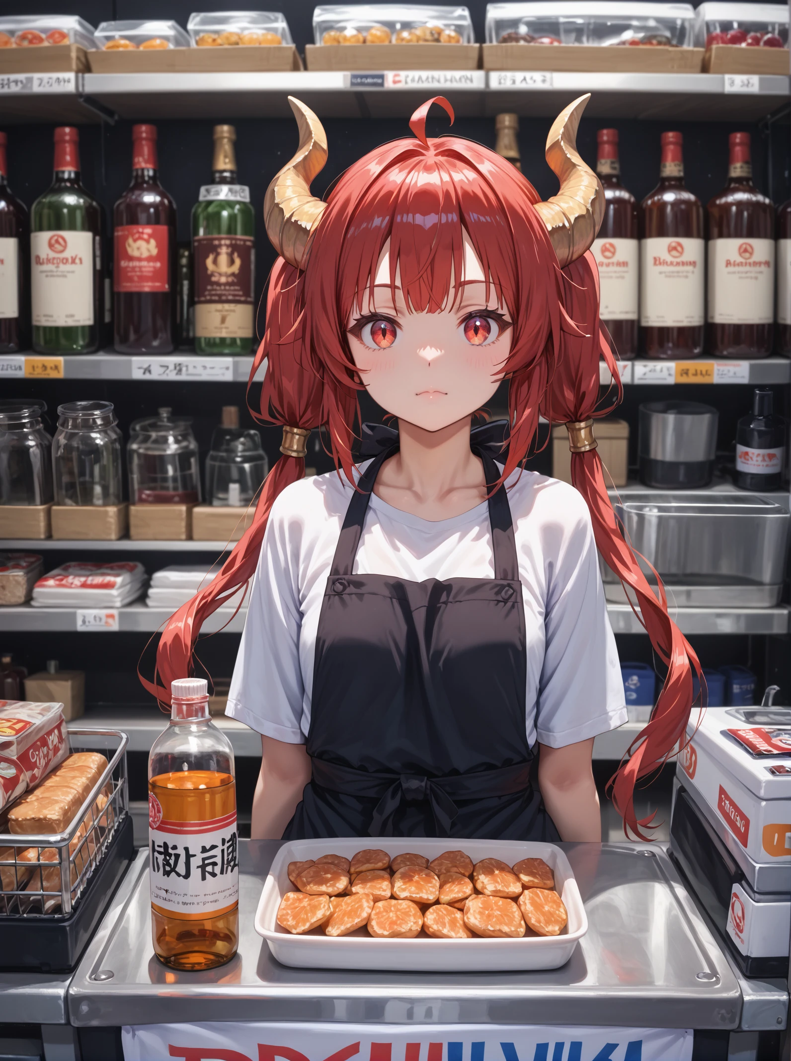 score_9, score_8_up, score_7_up,best background, detailed background,realistic environement,photo,photo ground,<lora:Anime_x_Reality:1>,vnime_x_5eality, picture background, 1girl, horns, dragon horns, solo, red hair, dragon girl, red eyes, photo background, twintails, black apron, shop, bottle, long hair, shirt, looking at viewer,closed mouth