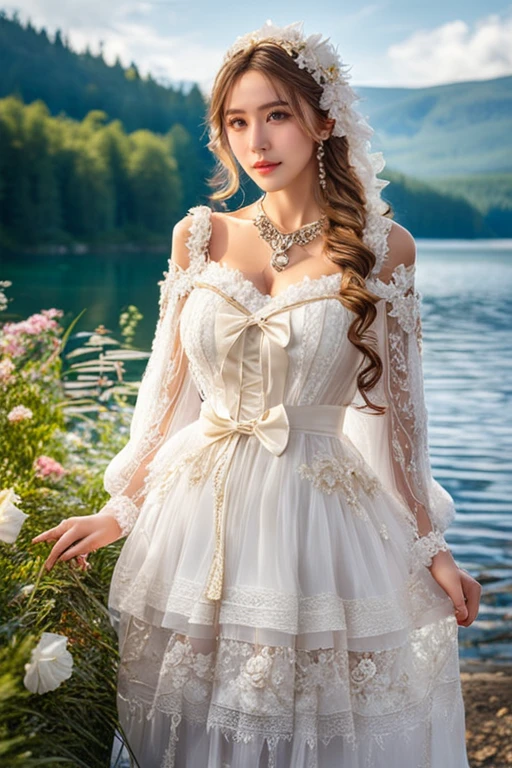 (masterpiece, best quality:1.2),illustration,8k,hd,1 girl,very long hair,solo,(collarbone:1.2),looking at viewer,
Freya,dress,white dress,long sleeves,jewelry,necklace,bow,lace trim,lace-trimmed dress,white ribbon,hair flower,hair ornament,((cleavage)),big breasts,outdoors,(day, lake:1.5),extremely detailed dress,crystalstexture skin,front view,<lora:Freya XL:1.5>,