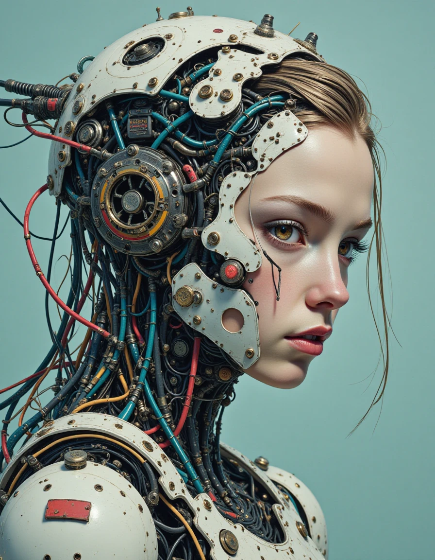 This is a highly detailed, CGI-generated artwork featuring a futuristic, humanoid robot with a strikingly realistic and intricate design. The robot's head and upper torso are depicted in a close-up, showcasing an elaborate exoskeleton made from interlocking metallic plates, wires, and circuitry. The armor is a mix of white, silver, and gold, with various components and gadgets embedded, such as a prominent, glowing blue eye and a series of red and yellow wires.

The robot's face is a blend of human and machine, with a pale, almost translucent skin tone and a subtle, expressive mouth. The eyes are large and almond-shaped, with a piercing yellow color, giving the impression of intense focus or curiosity.