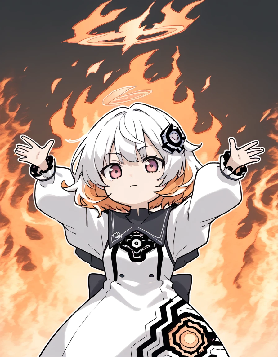 <lora:Chesed:0.8> chesedgijinka, 1girl, solo, halo, white hair, multicolored hair, orange hair, puffy long sleeves, dress
 <lora:ElmoRiseMeme_pdxl_Incrs_v1:1> arms up, fire, outstretched arms, upper Body, burning