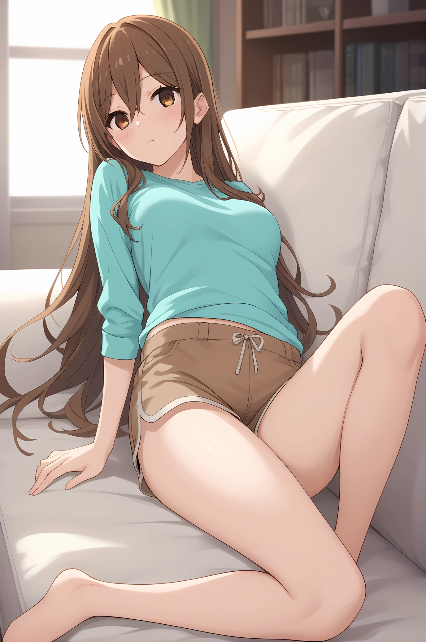 (aqua shirt brown shorts), hm-hori, brown hair, brown eyes, medium breasts, 1girl, solo, skinny, score_9, score_8_up, score_8, score_7_up, score_7, score_6_up, score_6, score_5_up, score_5, source_anime, blush, living room, (1.3::full body|sitting|standing|lying|straight-on|0.6::close-up| :1.20), feet, <lora:hm-hori-V01:0.60>, long hair