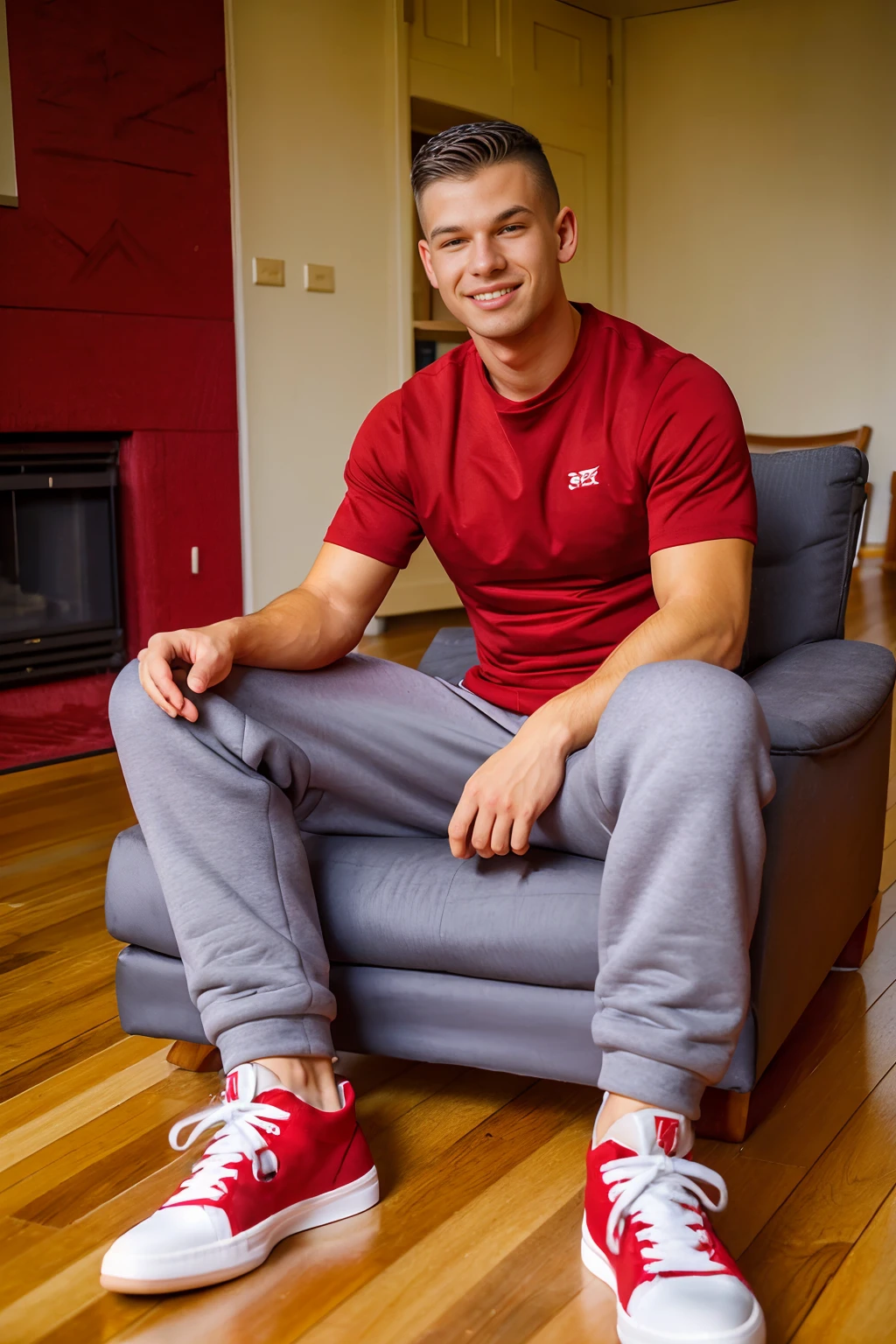 living room, (hardwood floor), sitting in armchair, smiling, MartinHovor, (red shirt), (gray sweatpants), (red hightop sneakers), ((full body portrait)), wide angle   <lora:MartinHovor:0.8>