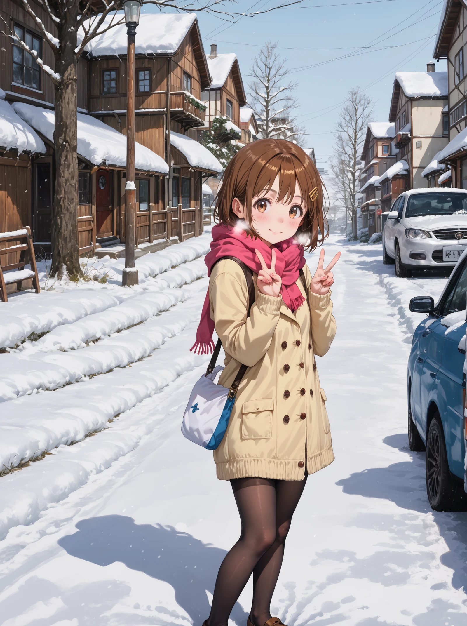 score_9, score_8_up, score_7_up,best background, detailed background,realistic environement,photo,photo ground,<lora:Anime_x_Reality:1>, anime girl,vnime_x_5eality, picture background, 1girl, scarf, brown hair, pantyhose, v, snow, brown eyes, double v, breath, short hair, ground vehicle, motor vehicle, car, bag, winter,shiny car,reflection,realistic tree