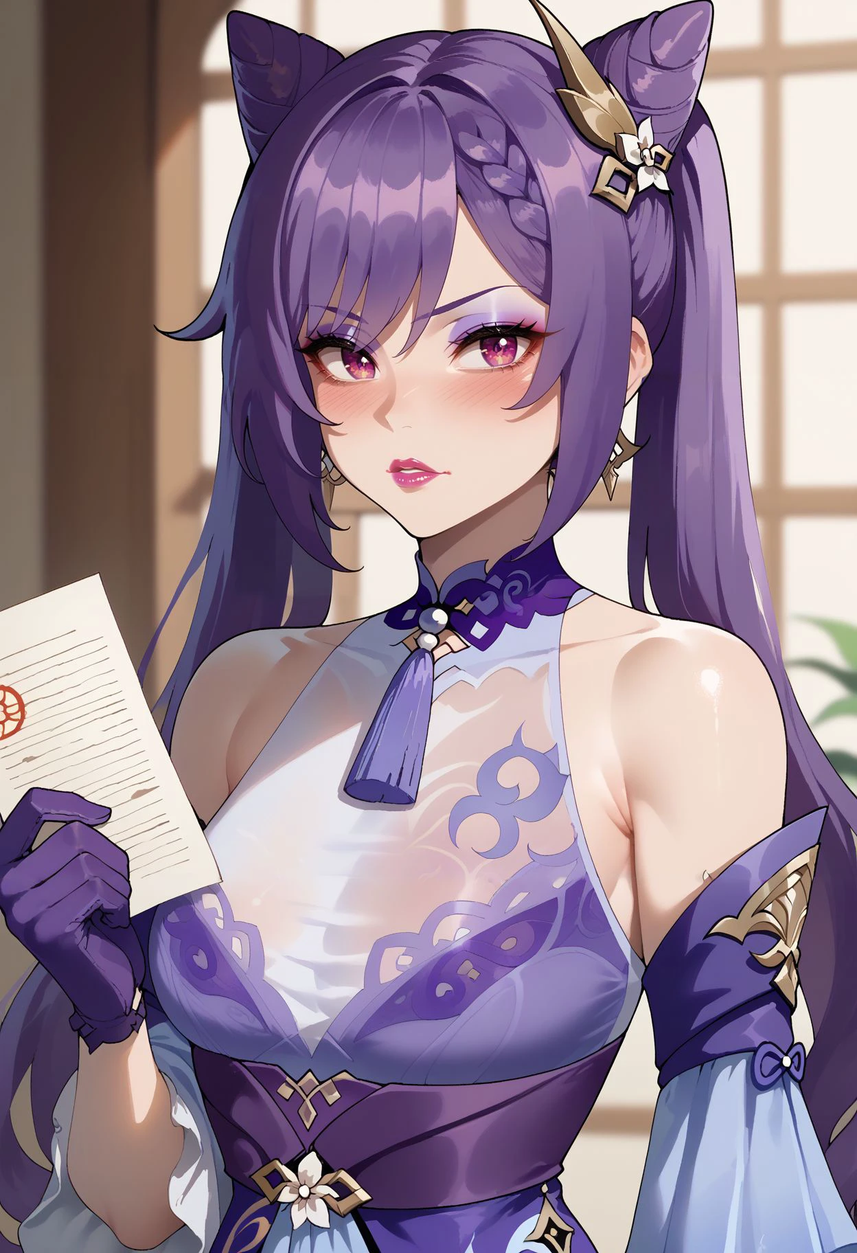 score_9,score_8_up,score_7_up, <lora:nyantcha_style_pdxl_v2_goofy:1> 1girl, keqing (genshin impact),  cone hair bun, purple hair, twintails, makeup, purple gloves, breasts, purple eyes, hair ornament, lipstick, neck tassel, holding paper, blush, long hair, dress, earrings, hair ears, thick lips, jewelry, detached sleeves, looking at viewer, double bun, braid, purple choker, upper body, bare shoulders, eyeshadow, bra visible through clothes, eyeliner