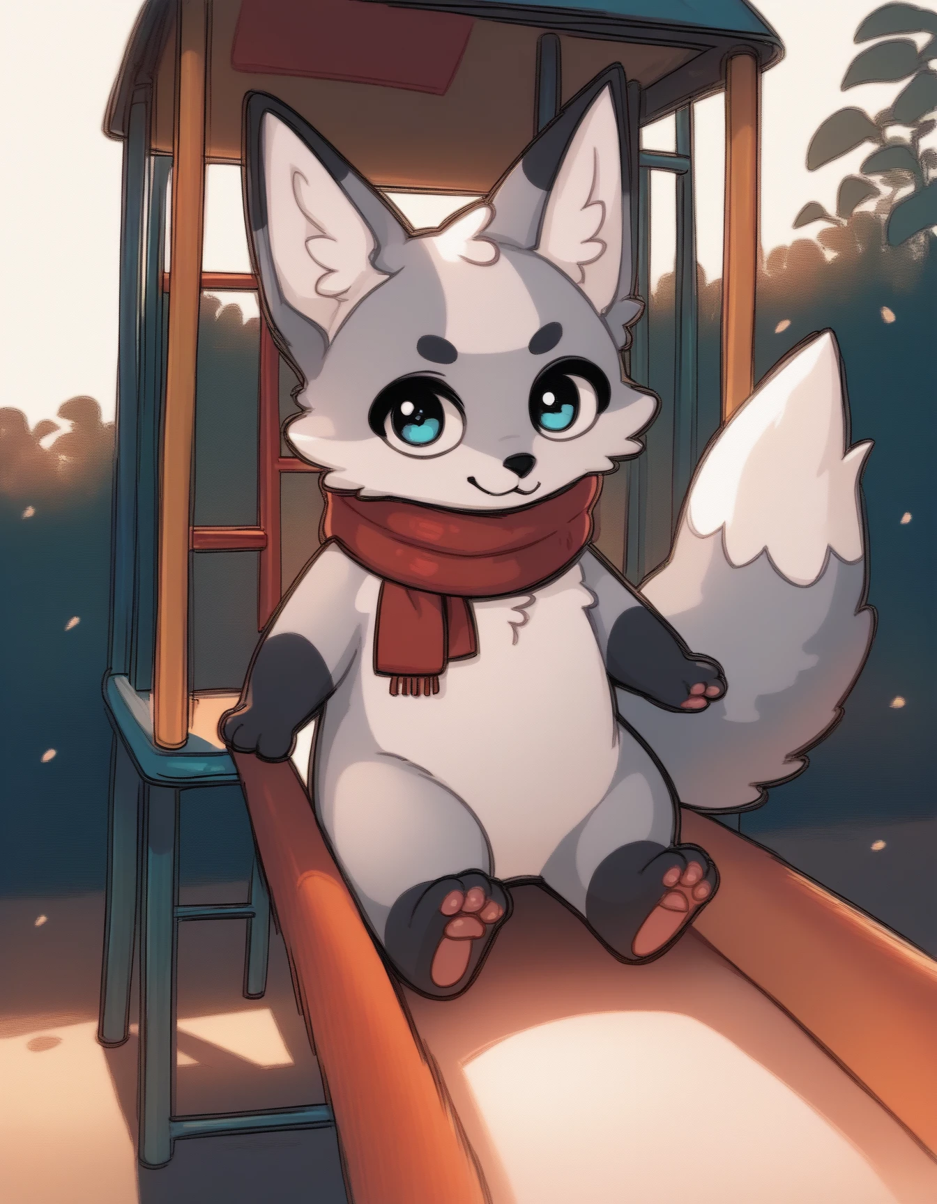 score_9, score_8_up, score_7_up, score_6_up, score_5_up, score_4_up, solo
Rainey, gray fur, two tone fur, red scarf, fox tail, black paws, 3 fingers, slide, playground, looking at viewer <lora:slide_Pony_v1:0.8>
 <lora:Rainey_XL:0.9>