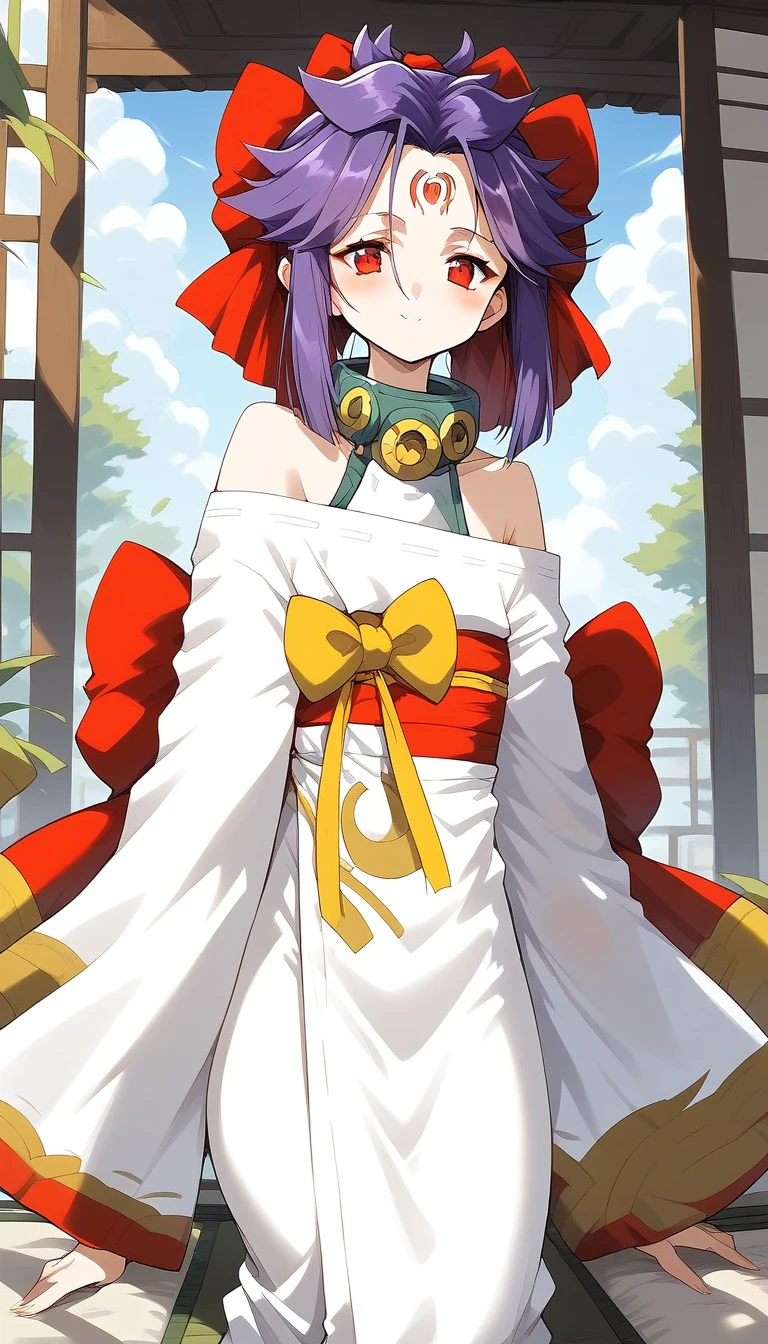 score_9, score_8_up, score_7_up, source_anime, rating_explicit, BREAK  <lora:kakurine_Ver2.1_XL:1> kakurine, facial mark, forehead mark, red eyes, purple hair, long hair, sidelocks, hair bow, red bow, collar, 
bare shoulders,  japanese clothes,  white kimono, Yellow mark, long sleeves, Yellow bow,
tatami, Japanese room,