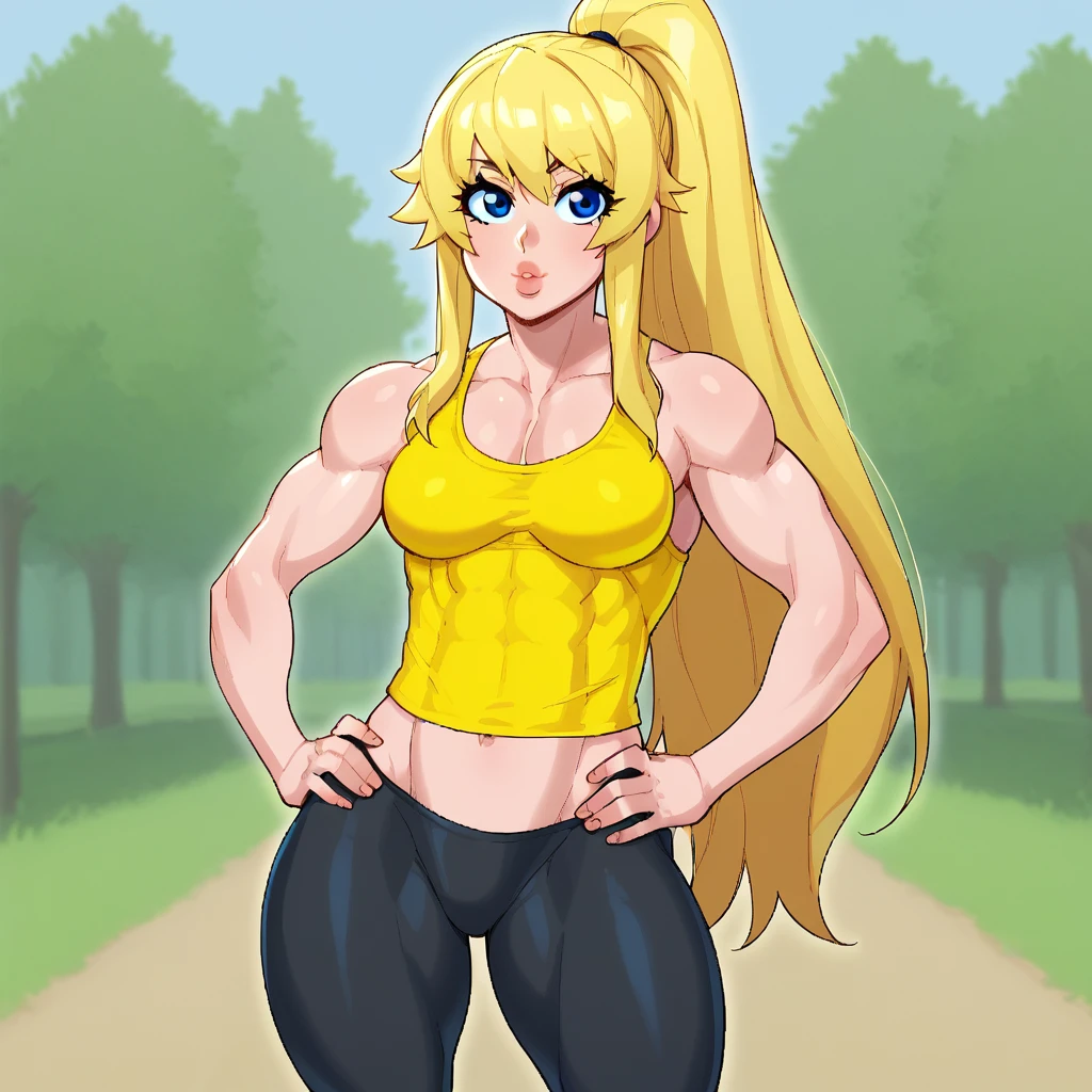 score_9_up, score_8_up, BREAK, Ziroko, 1girl, solo, blonde hair, high ponytail, long hair, blue eyes, lips, yellow tank top, black leggings, cowboy shot, <lora:Ziroko_Style_PXL_Leaf1:1>, outdoors, looking at viewer, hands on own hips,