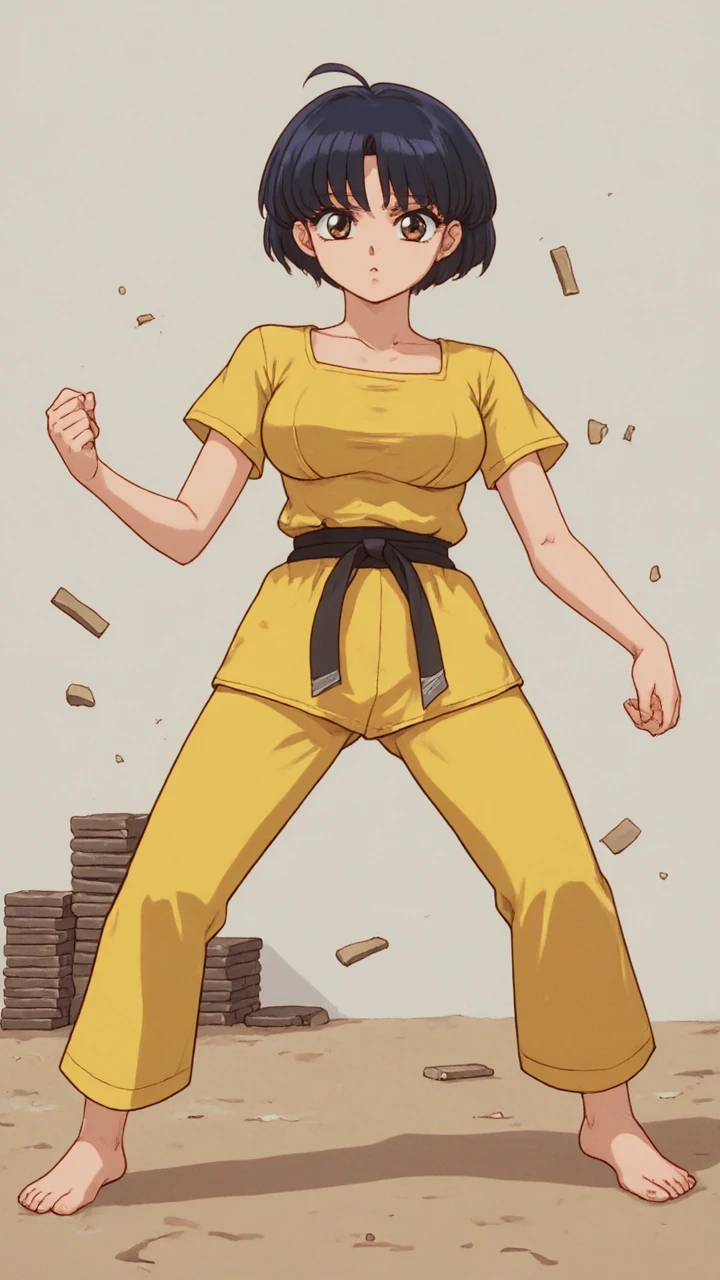 Anime image of TendouAkane dressed in a yellow dogi and black belt, barefoot, breaking a series of stacked tiles with a karate chop with her hand.