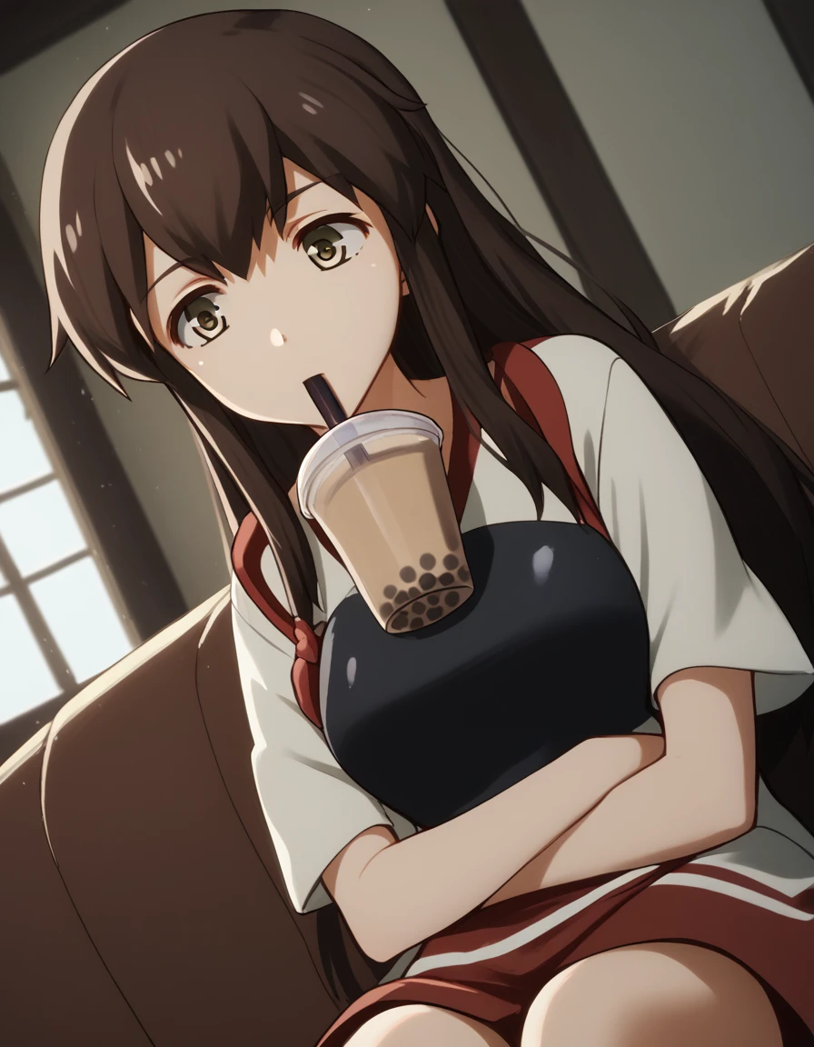 score_9, score_8_up, score_7_up, source_anime, <lora:kancolle-akagi-s1-ponyxl-lora-nochekaiser:1>, akagi, long hair, brown hair, brown eyes, akagi (kancolle), medium breasts,, <lora:bubble-tea-challenge-ponyxl-lora-nochekaiser:1>, bubble tea challenge, bubble tea, object on breast, drinking straw, drinking straw in mouth, drinking, cup,, indoors, sitting, looking down, , cowboy shot, dutch angle